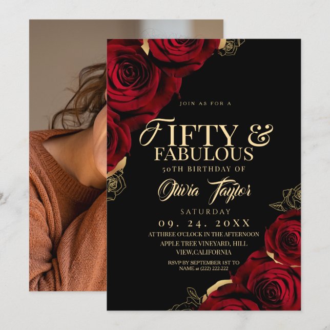 Convite 50 & Fabulosas Rosas Vermelhas Pretas e Douradas d (Frente/Verso)