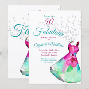 Convite 50 Fabuloso Aniversário de Vestido Floral Elegante