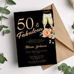 Convite 50 fabulosos 50 anos de floral rosa elegante<br><div class="desc">Moderno e falso roteiro de caligrafia em ouro 50 anos e fabuloso convite de aniversário preto com flautas de champanhe e rosas de pêssego rosa.</div>