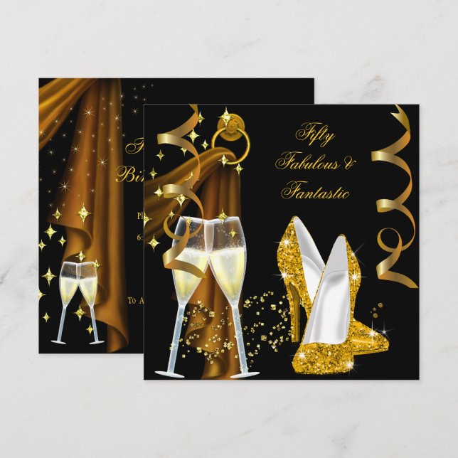 Convite 50 Fabulosos e Fantásticos Champanhe Dourado Festa (Frente/Verso)