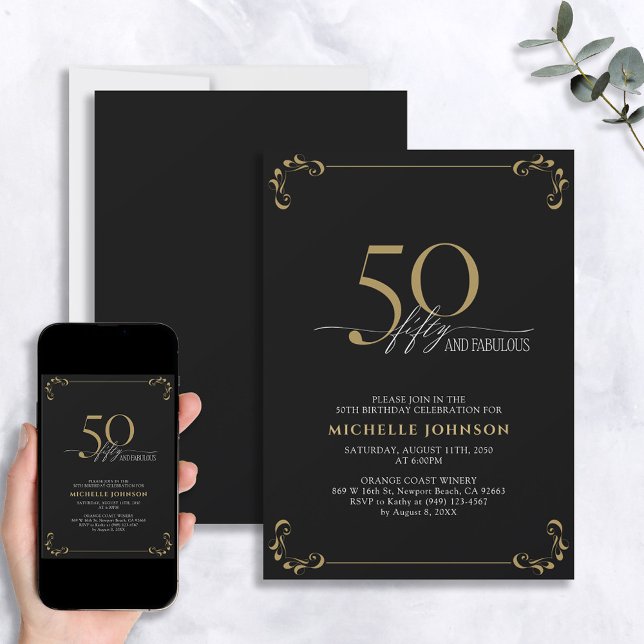 Convite 50 & Fabulous Black & Gold Calligraphy Birthday (Criador carregado)