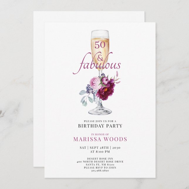 Convite 50 Fabulous Champagne Floral Birthday Invitation (Frente/Verso)