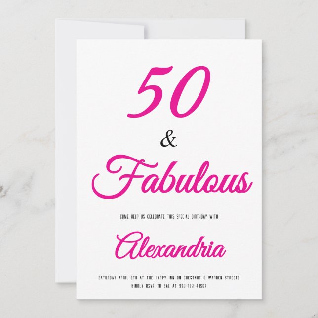 Convite  50 & Fabulous Hot Pink Black 50th Birthday  (Frente)