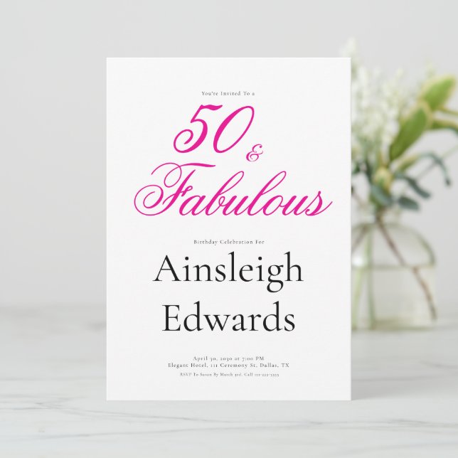 Convite 50 & Fabulous Pink Fiftieth Birthday Party (Em pé/Frente)
