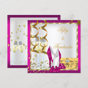 Convite 50 & Fantástico Rosa Quente Branco Dourado Festa d