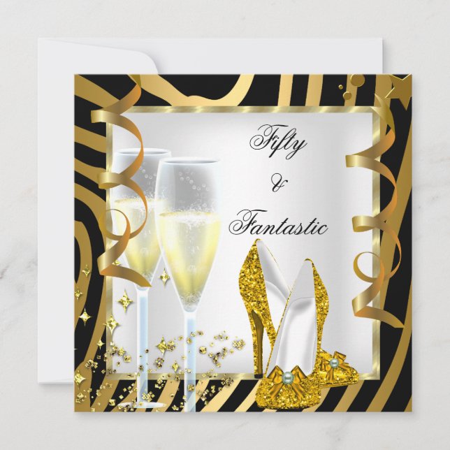 Convite 50 & Fantástico Zebra Preto Branco Dourado Festa (Frente)