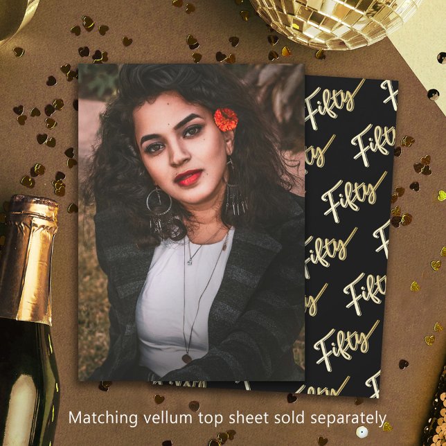 Convite 50 Foto de aniversário, 50, e fundo preto de ouro (Criador carregado)