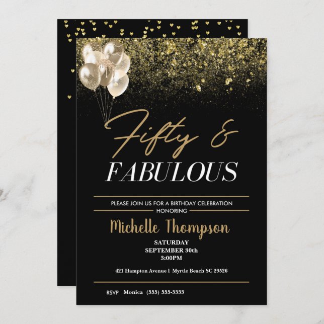 Convite 50 mulheres e Dourado aniversário fabuloso (Frente/Verso)