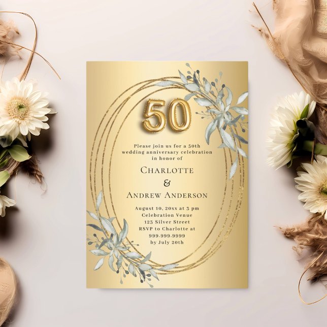 Convite 50.o aniversário de casamento - vegetação dourada (Criador carregado)