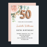 Convite 50.o aniversário de ouro floral rosa eucalipto ver<br><div class="desc">Um convite elegante para a 50ª festa de aniversário. Um fundo branco chic. Decorados com um rosa de ouro e rosa cor-de-rosa-esbranquiçada, folhas de eucalipto florais, verdes, galhos, verde e borras de ouro. Personalize e o nome e os detalhes da festa. Letras pretas e ouros. O nome é escrito com...</div>