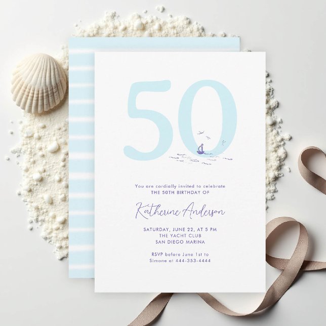 Convite 50.o aniversário do Oceano Náutico Costeiro Elegan (50TH birthday invitation her coastal nautical boat yacht beach waterfront ocean marina stripes)