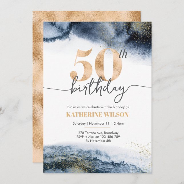 Convite 50.o aniversário - Marinho aquarela e ouro (Frente/Verso)