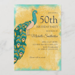 Convite 50.o Aniversário Pavão de Aquarela Amarelo Teal