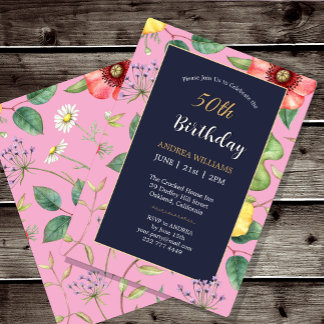 Convite 50.o Aniversário - Vintage Rosa-Rosa Desenhando Fl