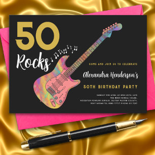 Convite 50 Pedras Cool Guitarra Rosa Festa de Aniversário 