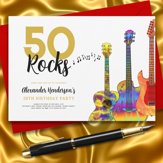 Convite 50 Rocks Legal Guitar 50ª Festa de aniversário (Rock and roll 50th birthday party invitation cool colorful guitar 50 rocks black and gold)