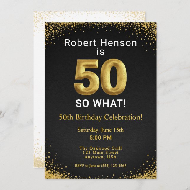 Convite 50 So What Black Gold 50th Birthday (Frente/Verso)