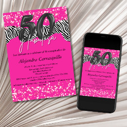 Convite 50 y Fabulosa Zebra Rosa Quente Espanhola 50. º An