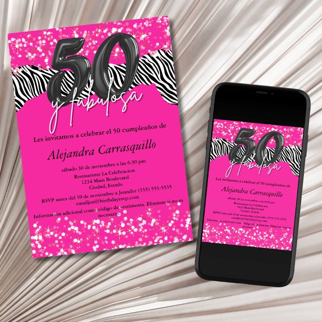 Convite 50 y Fabulosa Zebra Rosa Quente Espanhola 50. º An (Criador carregado)