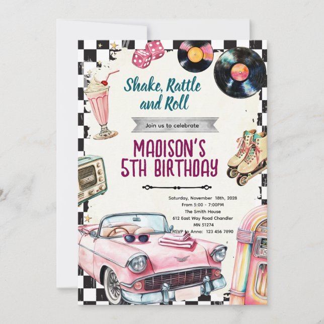 Convite 50s retro birthday party invitation (Frente)