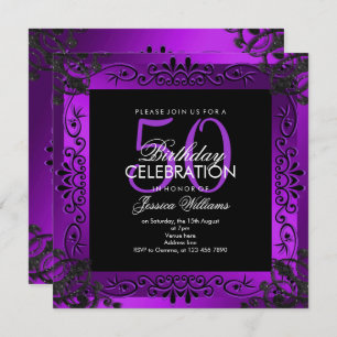 Convite 50th aniversário quadro decorativo roxo chique