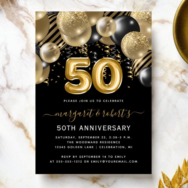 Convite 50th Anniversary Gold Black Balloon Arch Party (Criador carregado)