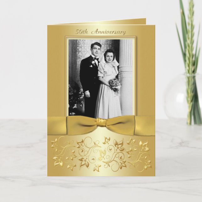Convite 50th Anniversary Gold Floral Photo Invitation Card (Frente)