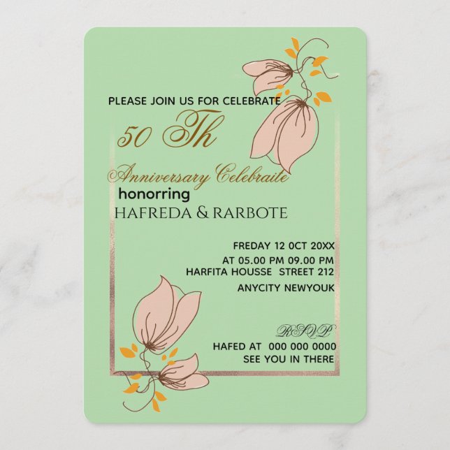 Convite 50th Anniversary Invitation, Greenery Wedding Anni (Frente)