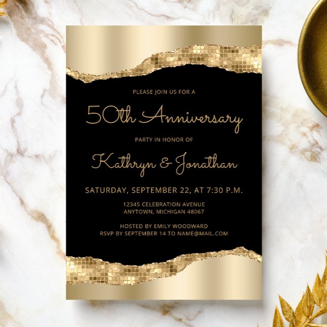 Convite 50th Anniversary Party Black Gold Mirror Foil  (Criador carregado)