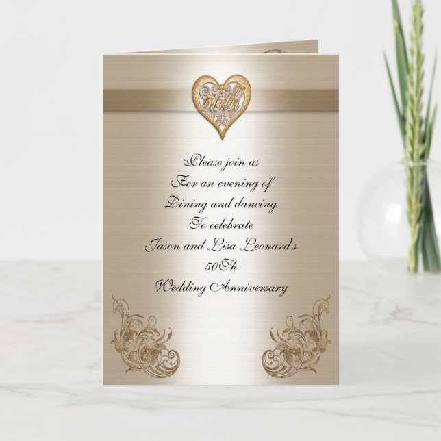 Convite 50Th anniversary party invitation gold heart (Frente)