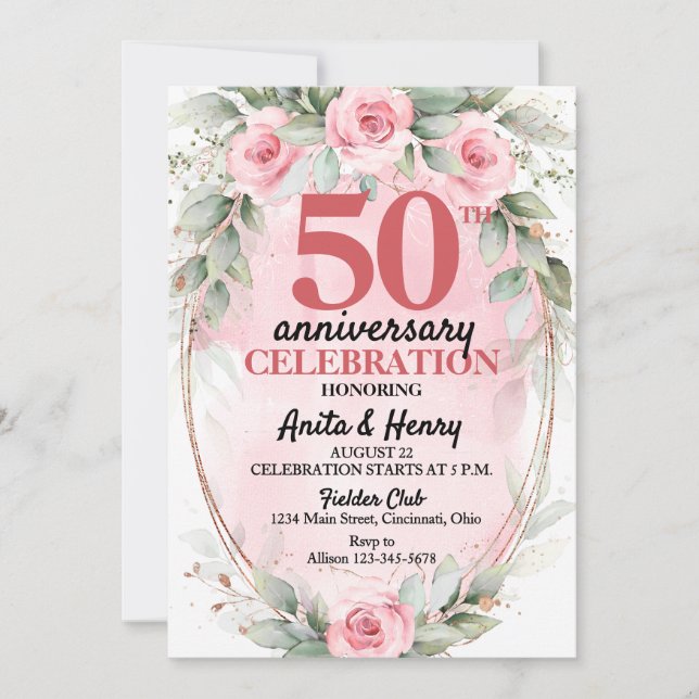 Convite 50th Anniversary Soft Pink & Sage Green Roses (Frente)