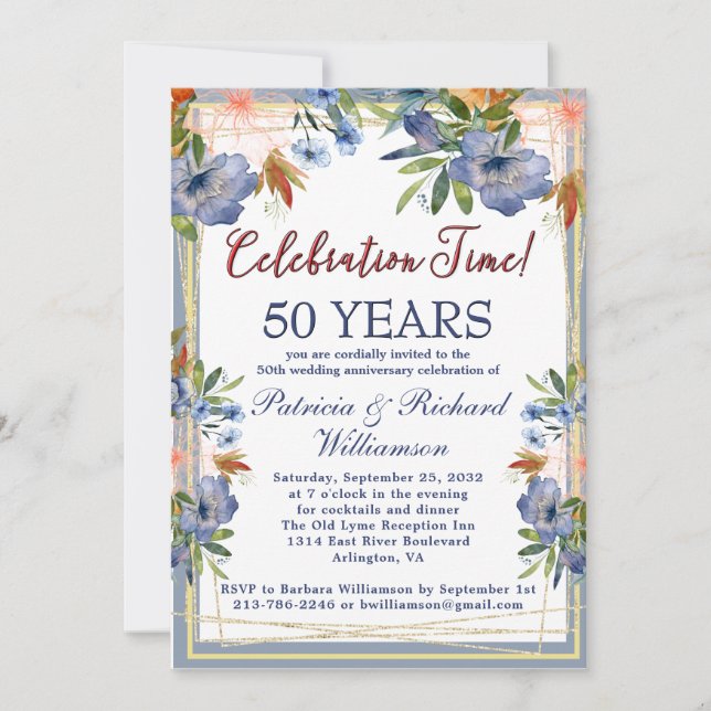 Convite 50th (Any Year) Chic Floral Wedding Anniversary  (Frente)