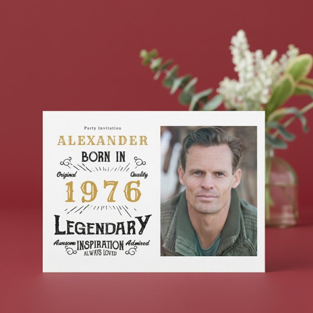 Convite 50th Birthday 1976 Legend White & Gold Photo (Born 1976 birthday invitation.)