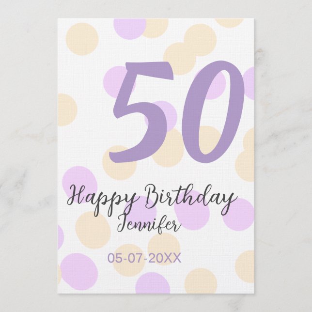 Convite 50th birthday add name date purple orange polkadot (Frente)
