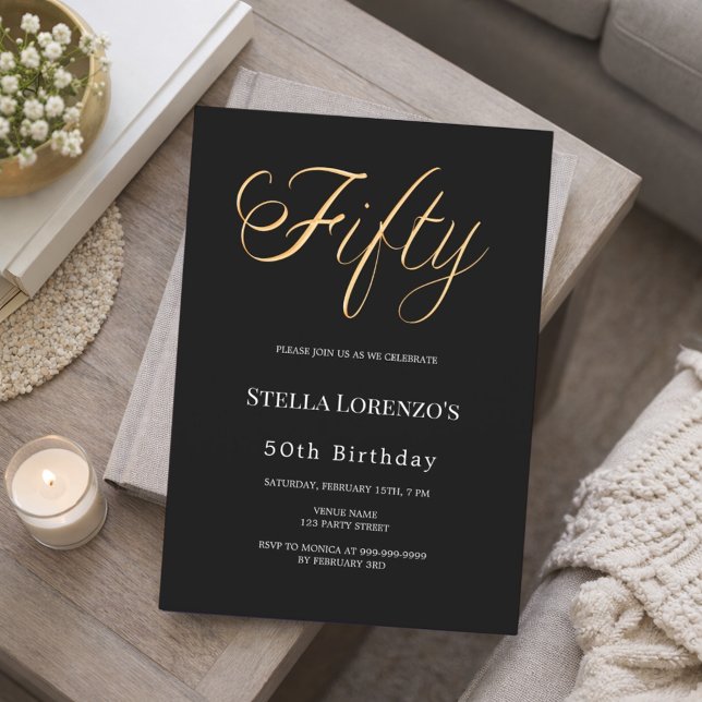 Convite 50th birthday black gold script typography (Criador carregado)