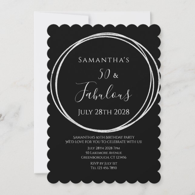 Convite 50th Birthday Black Silver Birthday (Frente)