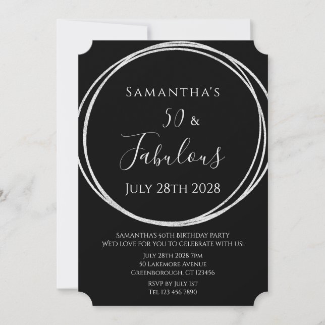 Convite 50th Birthday Black Silver Birthday (Frente)
