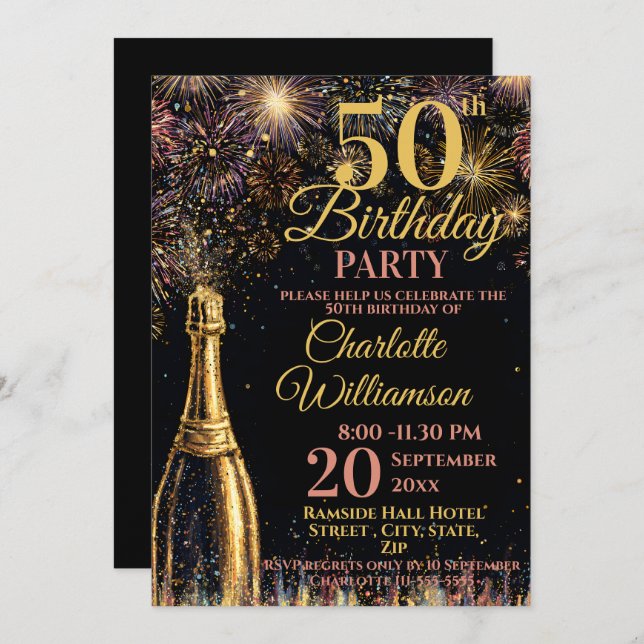 Convite 50th Birthday Bubbly Fireworks Gold Pink (Frente/Verso)