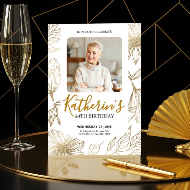 Convite 50th Birthday Elegant Gold Floral Photo (50th Birthday Elegant Gold Floral Photo Invitation, Fifity Birthday)