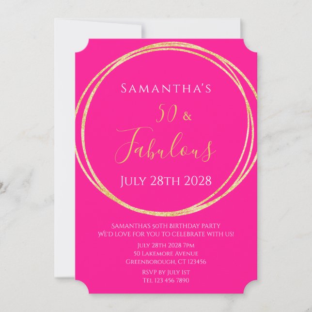 Convite 50th Birthday Hot Pink Gold Birthday Invitation (Frente)
