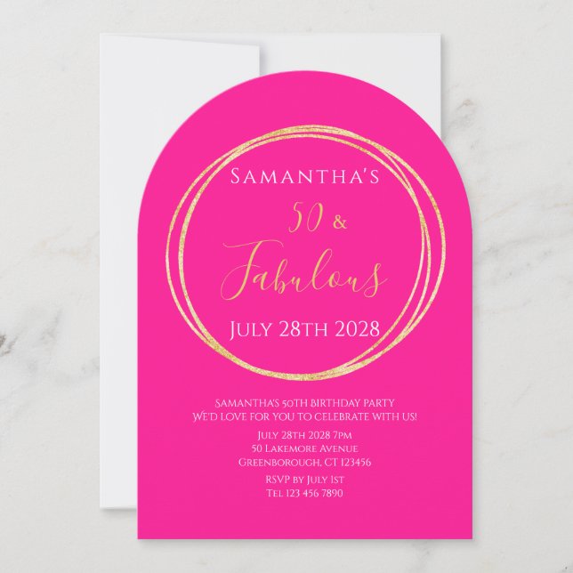 Convite 50th Birthday Hot Pink Gold Birthday Invitation (Frente)
