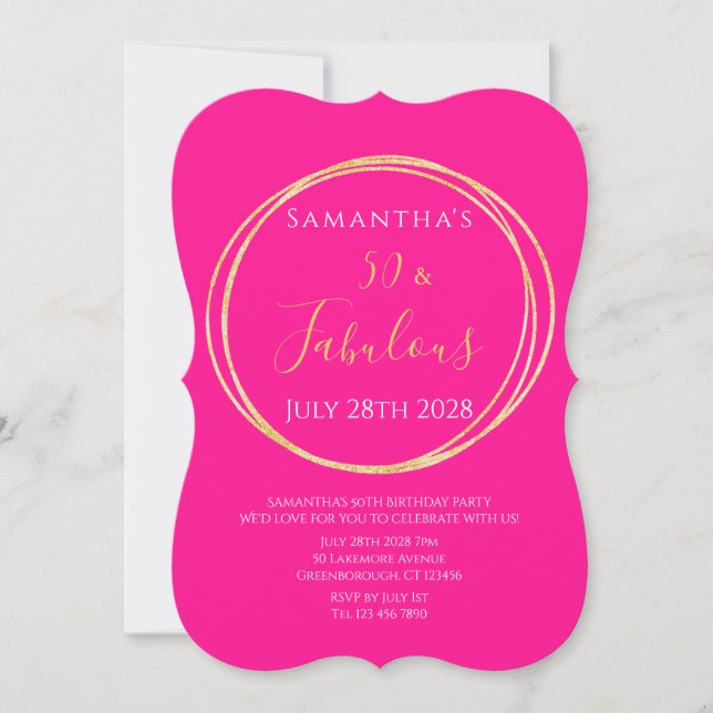 Convite 50th Birthday Hot Pink Gold Birthday Invitation (Frente)