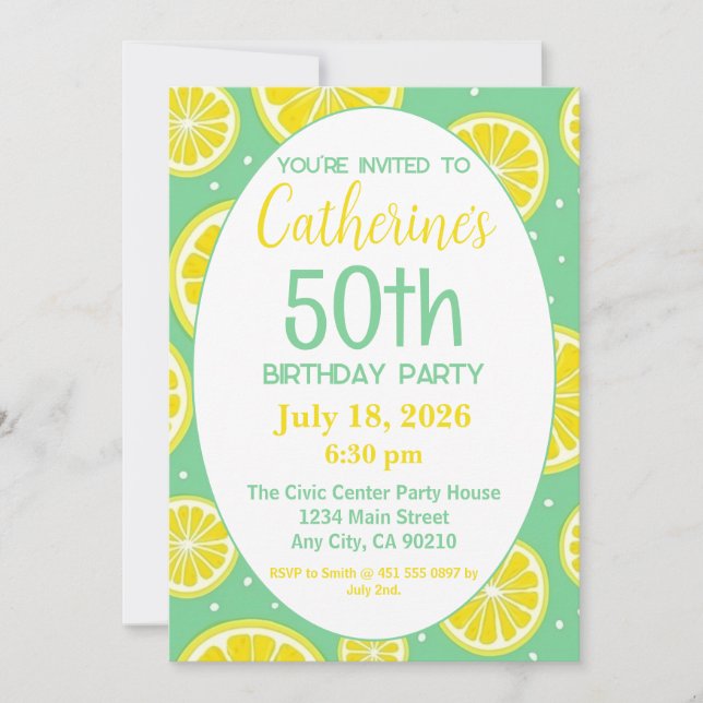Convite 50th Birthday Invitation, Lemon and Green Motif (Frente)