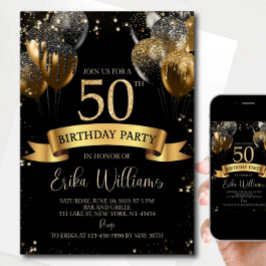 Convite 50th Birthday Invitation Template: Black Gold Ball