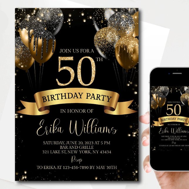 Convite 50th Birthday Invitation Template: Black Gold Ball (Criador carregado)