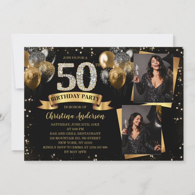 Convite 50th Birthday Modern Gold Glitter Balloons 2 Photo (Frente)