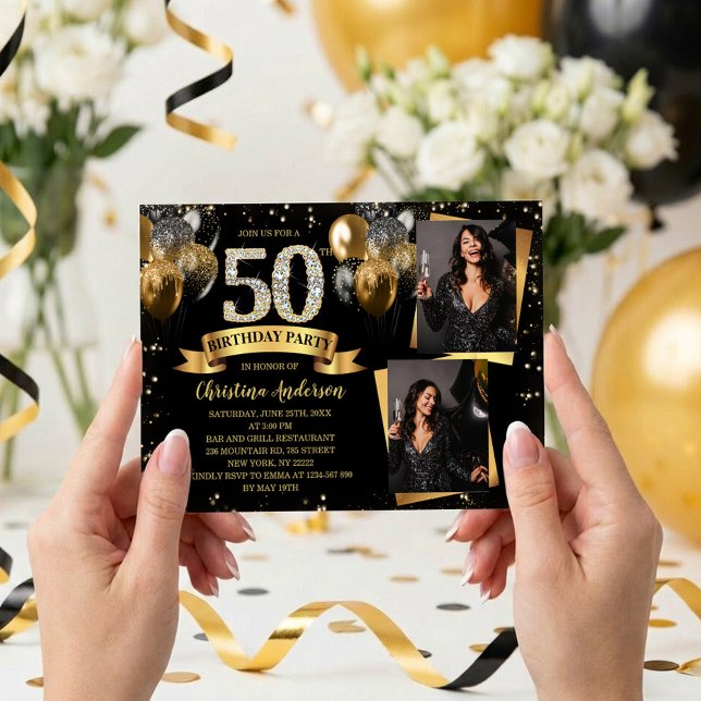 Convite 50th Birthday Modern Gold Glitter Balloons 2 Photo (Glam black and gold 50th birthday invite with diamond 50, balloons, confetti and two custom photos)