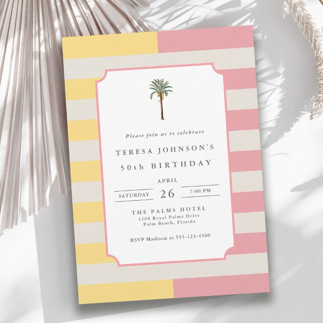 Convite 50th Birthday Palm Beach Pastel Stripe Tropical (Available in both printed and instant download digital formats.)