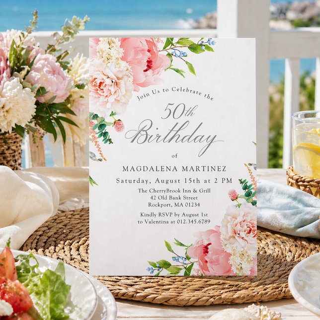 Convite 50th Birthday Party Feminine Pink Roses Floral (Criador carregado)