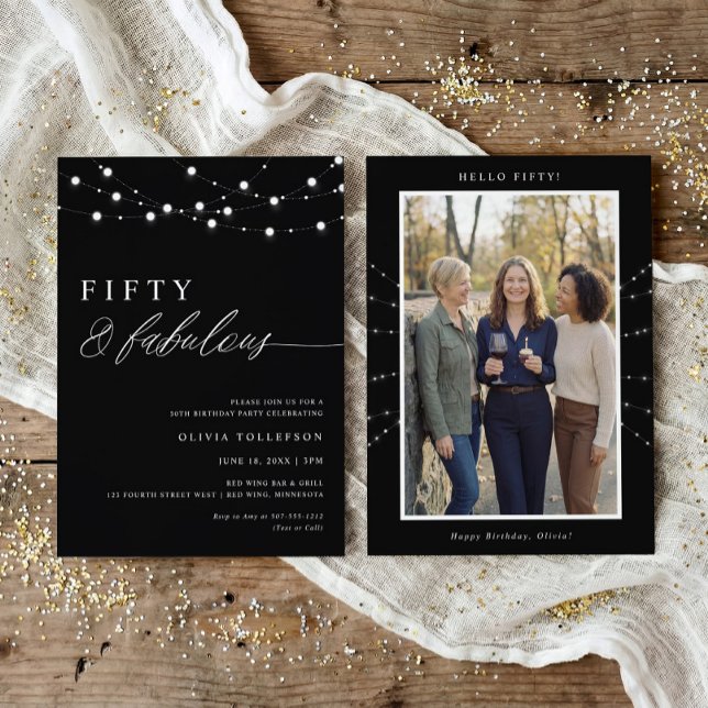 Convite 50th Birthday Party Fifty & Fabulous Modern (Modern fifty fabulous 50th birthday invitation with white glitter accents and photo back design)
